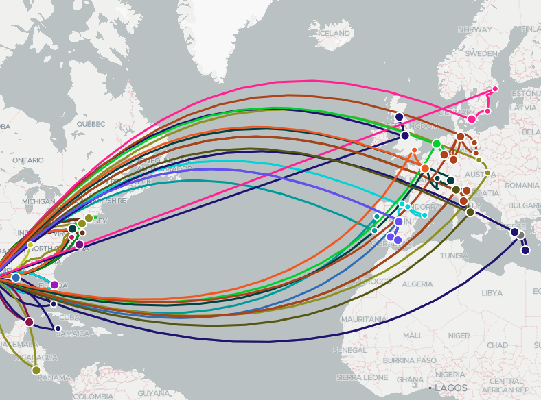 travel map with plotted round trips